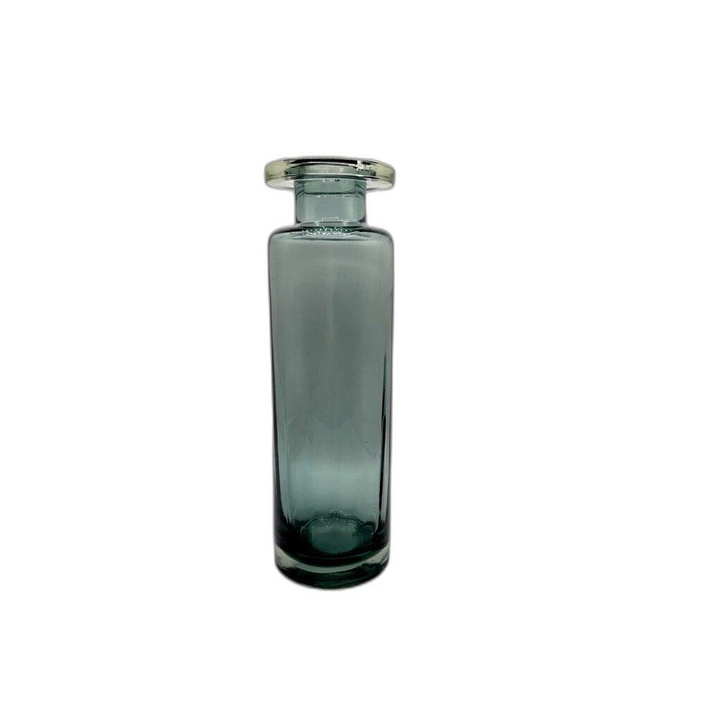 Vintage Hand-Blown Smoky Teal Blue Ribbed Cylinder Glass Vase MCM Style